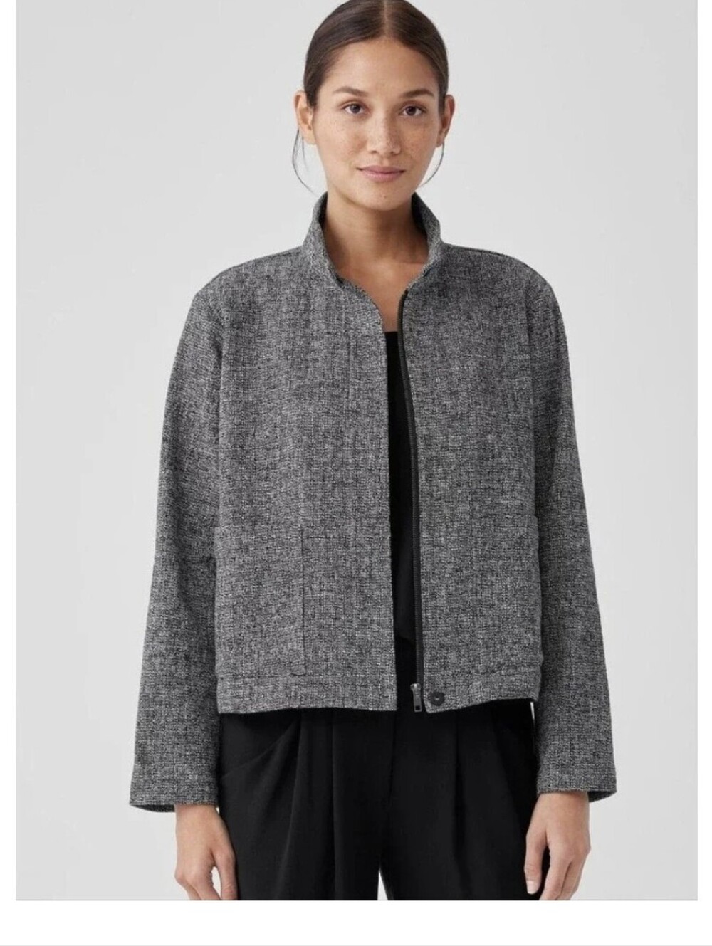 Eileen Fisher Organic Cotton Tweed Stand Collar Jacket Size Medium
